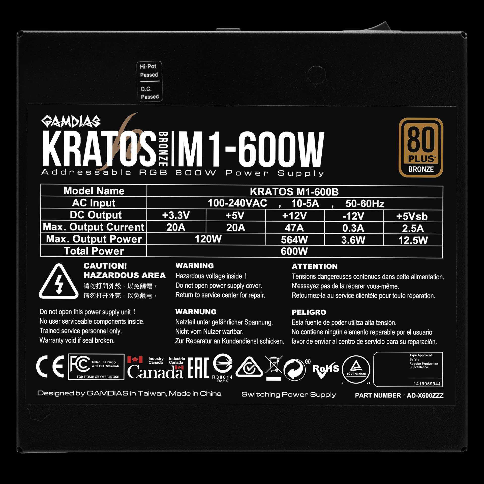 Alimentation PC RGB / PSU 600 Watt BRONZE – Gamdias KRATOS M1-600B
